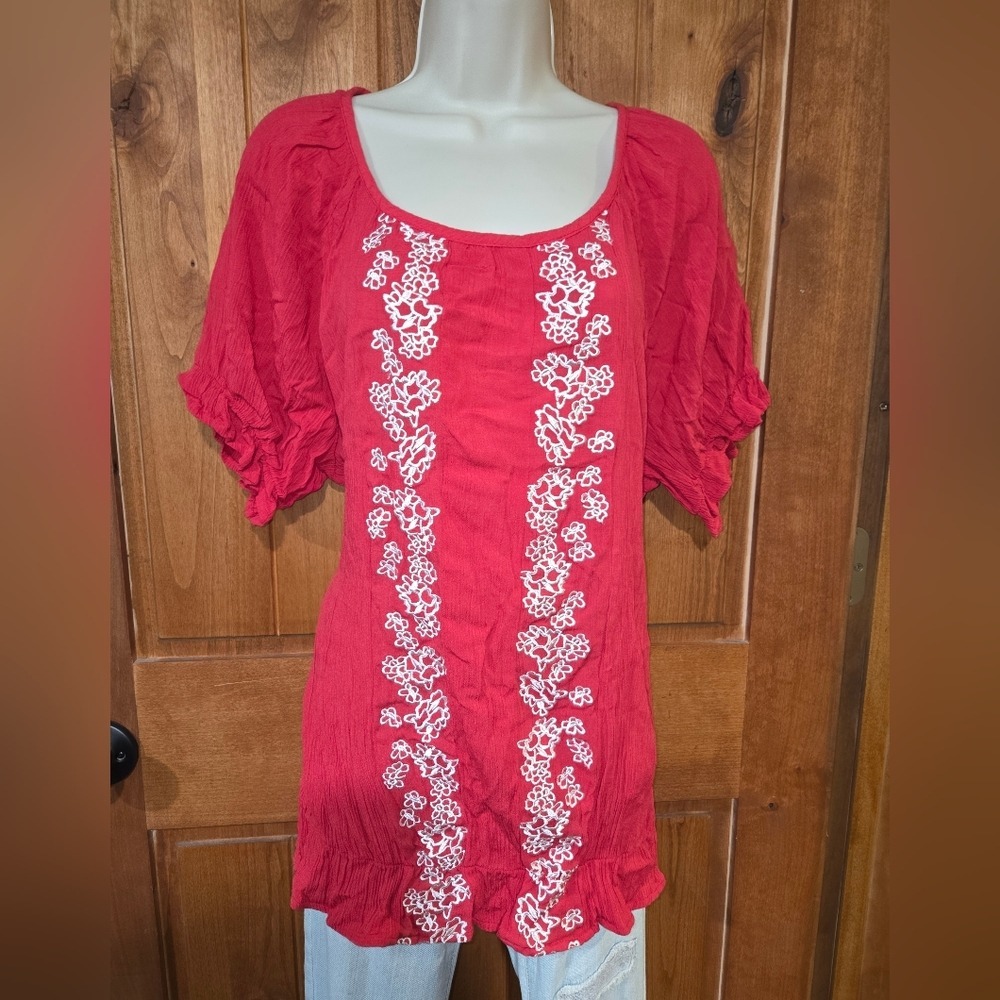 Cathy Daniels Red Blouse with White Floral Embroidery
